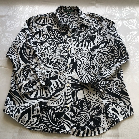Lauren Ralph Lauren Women’s Black/White Floral Blouse Size L Button-Up Collared - Picture 15 of 16